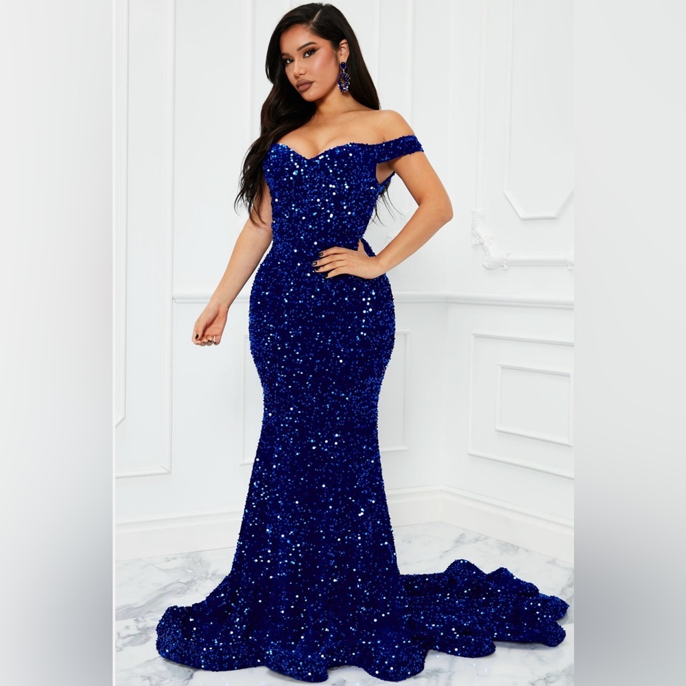 Elegant Blue Sequin Off-Shoulder Gown